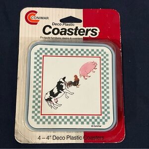 Vintage NOS Conimar 4” Deco Plastic Coasters Farm Animals Square